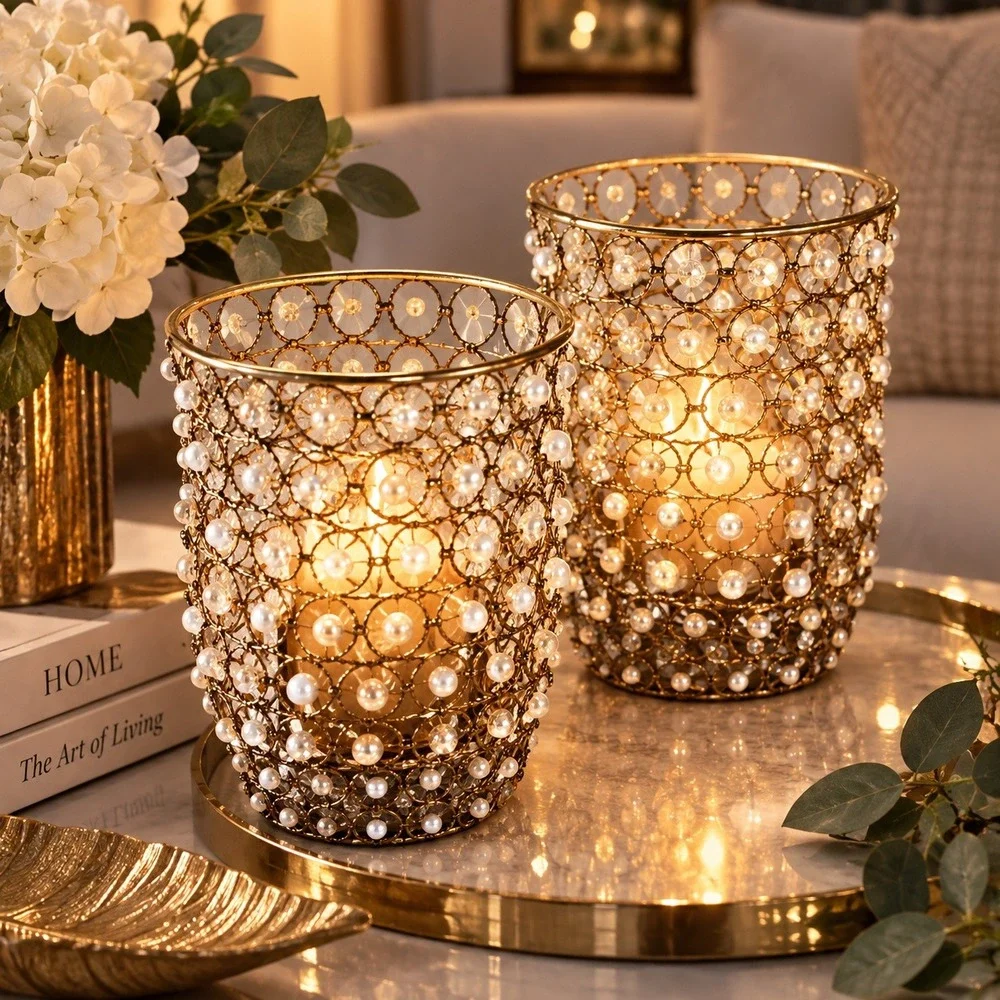Set of 2 Gold Wire Faux Pearl Beaded Votive Candle Holders Hurricane Glam Decor